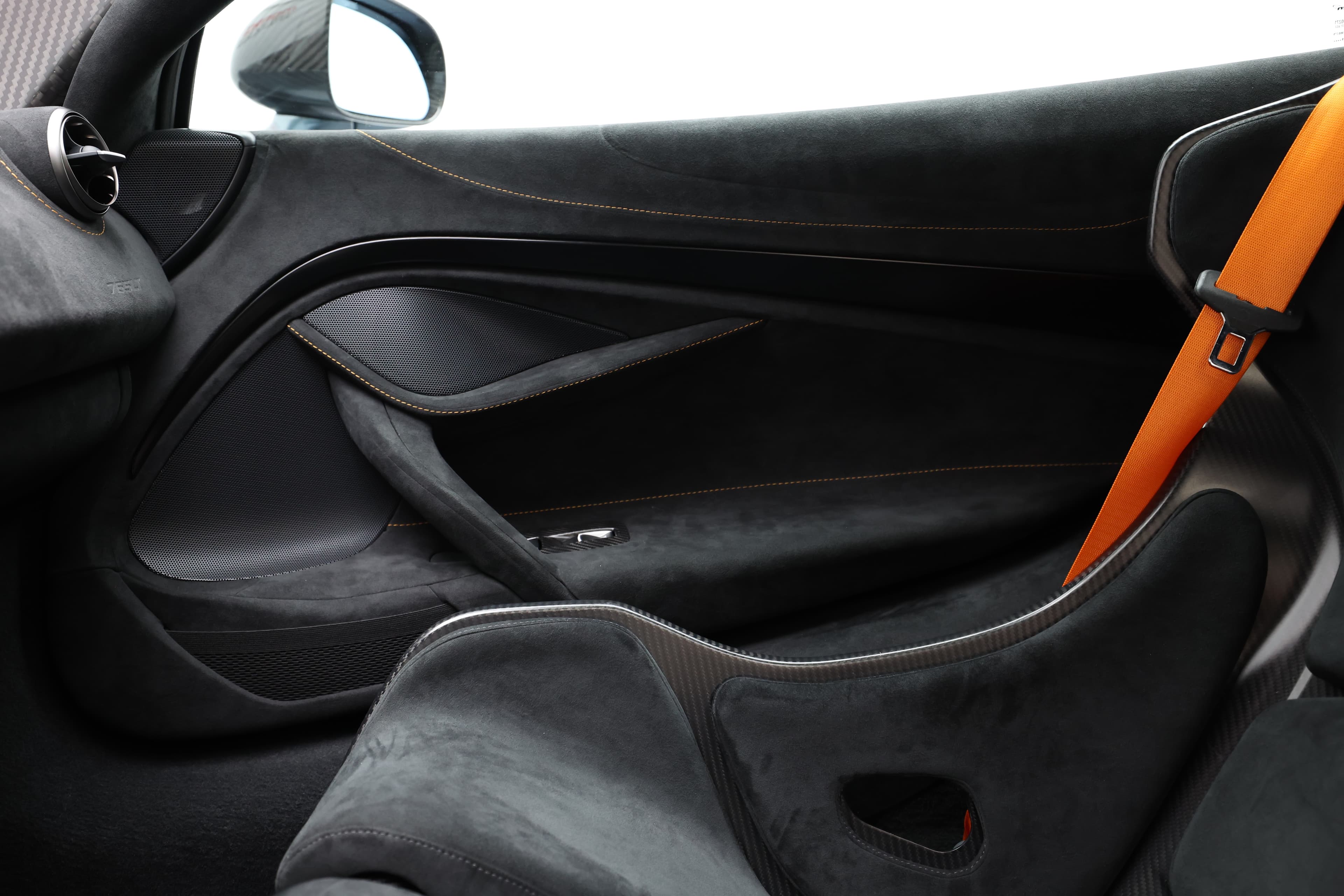 L'image montre l'intérieur d'une porte de véhicule revêtue de fibre de carbone. Ce matériau apporte une touche sportive et haut de gamme, avec des finitions soignées et une esthétique raffinée. Les éléments en carbone soulignent la légèreté et la performance, tout en offrant une allure moderne à l'intérieur du véhicule.